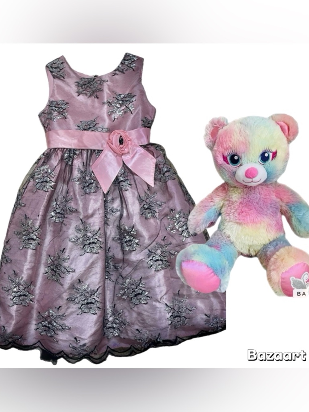 Sz 8 Jayne Copeland pink Satin with black and silver lace Overlay dress W/ Bear